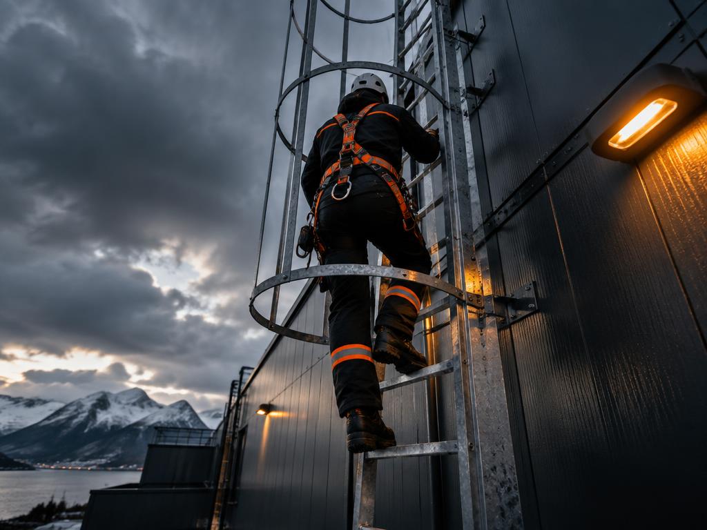 Arbeider i fallsikring klatrer fast takstige med sikkerhetsbur